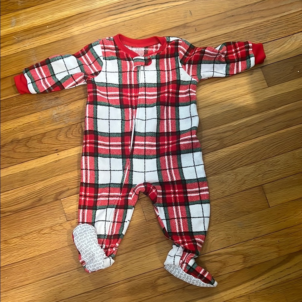 Plaid Red and White Fleece Zip Up Pajamas